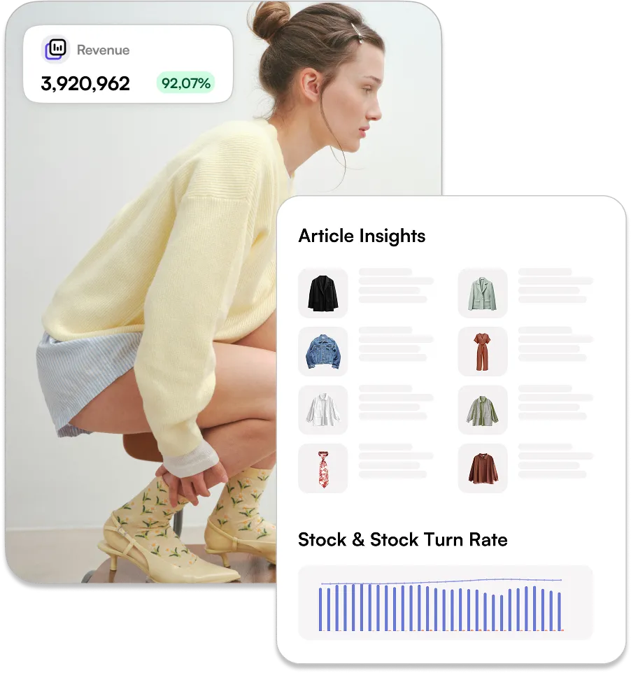 Woman in a pale yellow sweater and patterned boots crouching, overlaid with fashion article insights and stock turn rate graph.