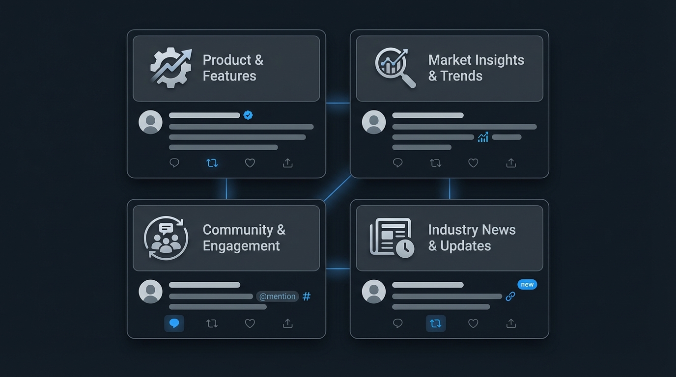 Three to five content pillar blocks in a structured grid with icons and tweet examples