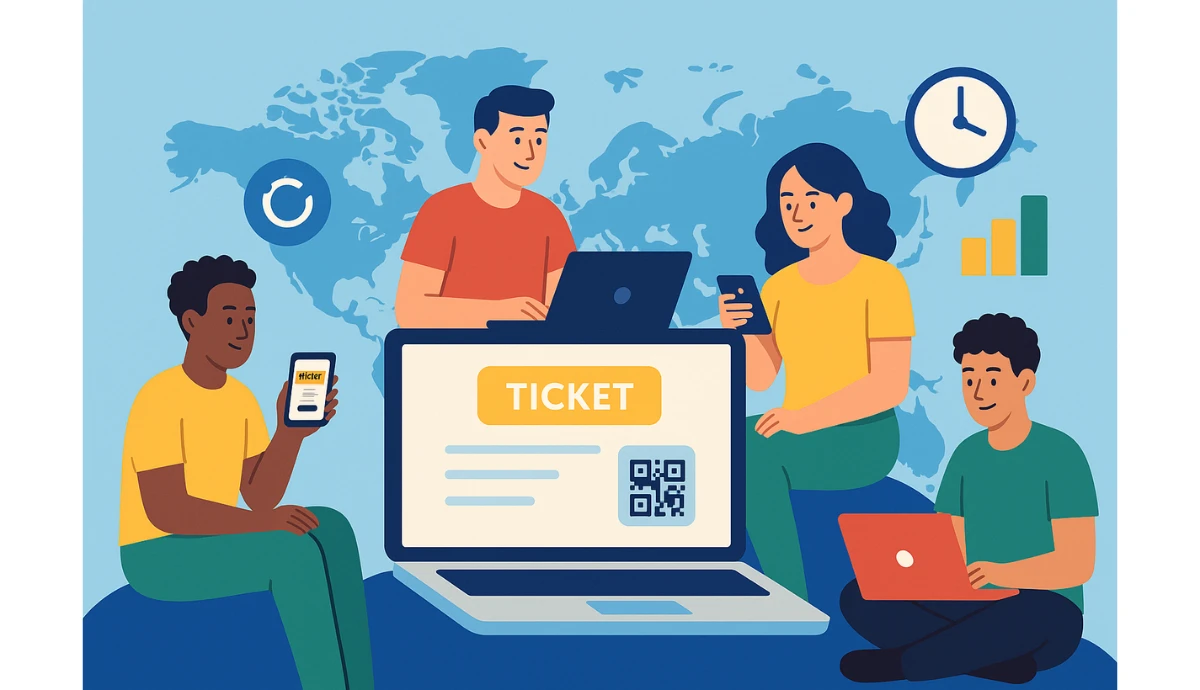 Team using laptops and phones to sell tickets online with QR Code tools displayed on a global map dashboard