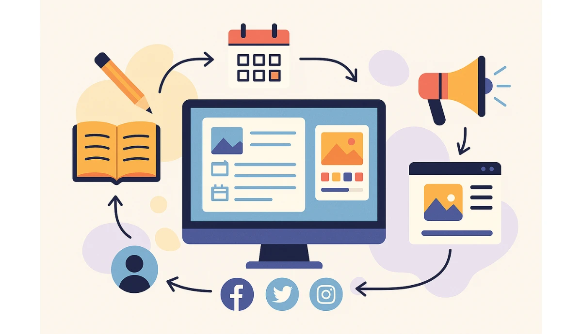 Content marketing cycle linking planning, social promotion, and scheduling to sell tickets online