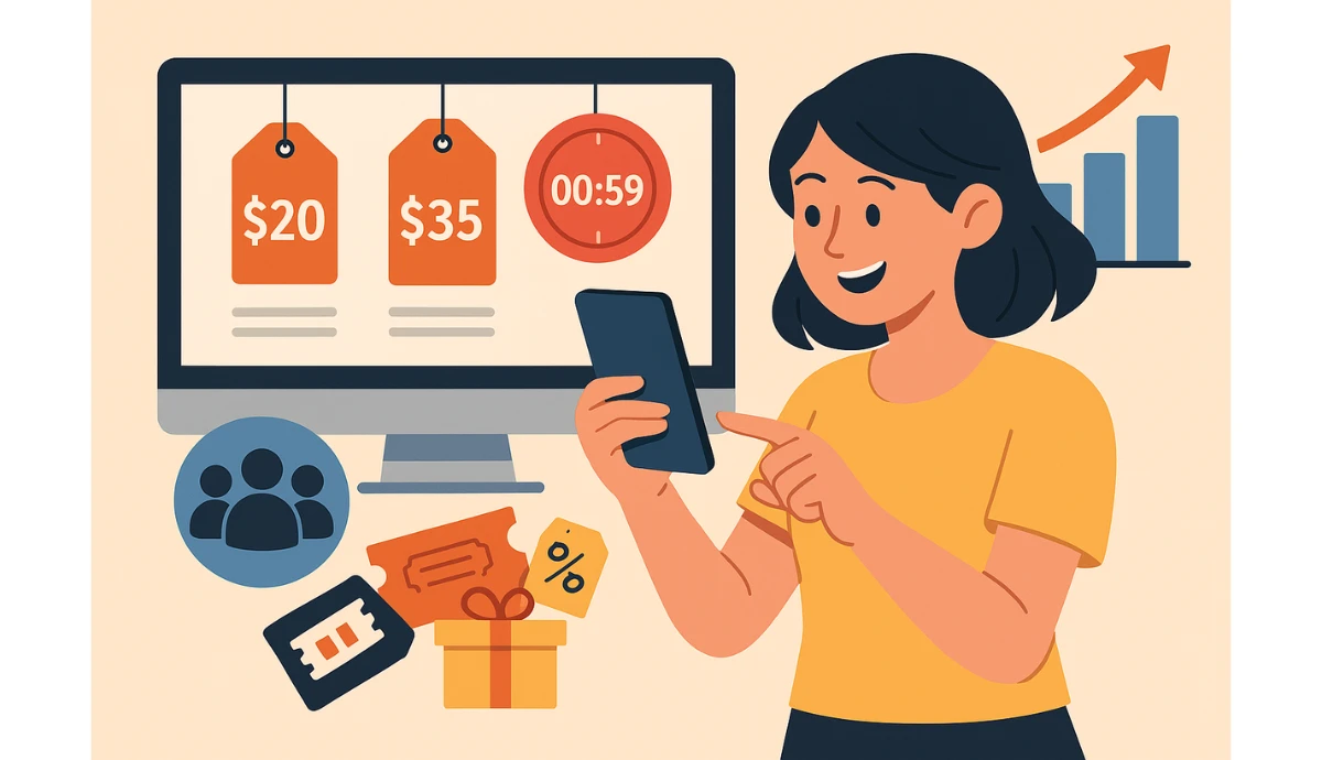 Mobile UI showing ticket tiers, timers, and discounts designed to sell tickets online and drive event sales