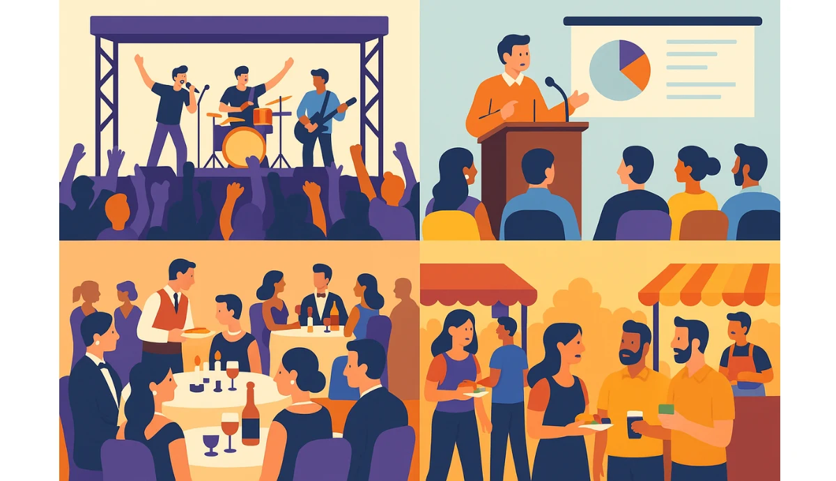 Collage of concerts, talks, dinners, and festivals illustrating how to sell tickets online for any event
