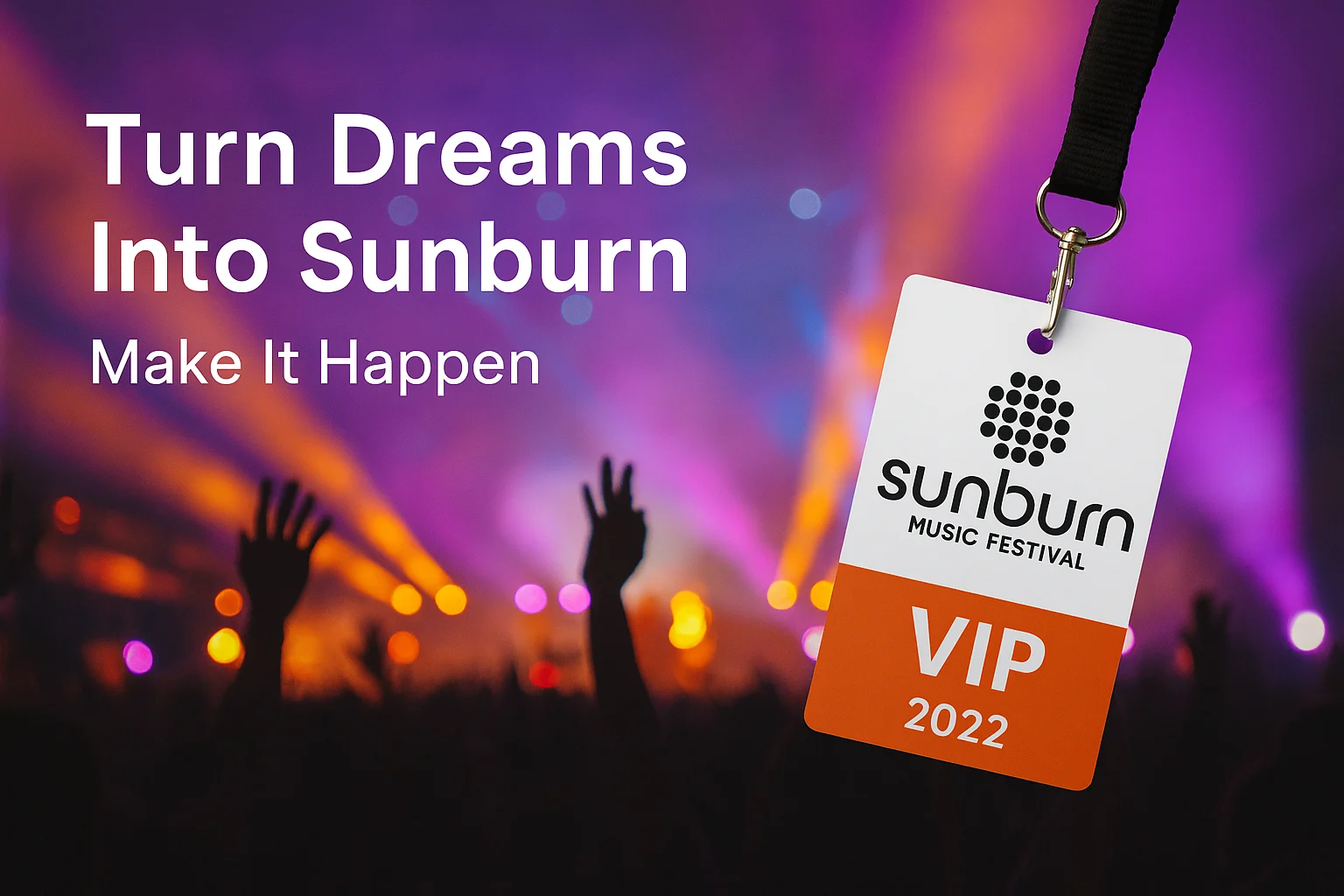 Colorful EDM concert scene with a Sunburn backstage pass in the foreground, visually representing Sunburn event management