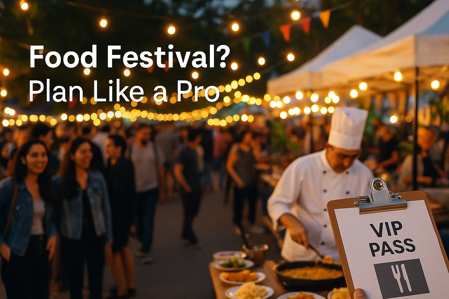 Food festival guide banner showing a chef cooking, lively crowds, and a VIP pass at an outdoor evening event