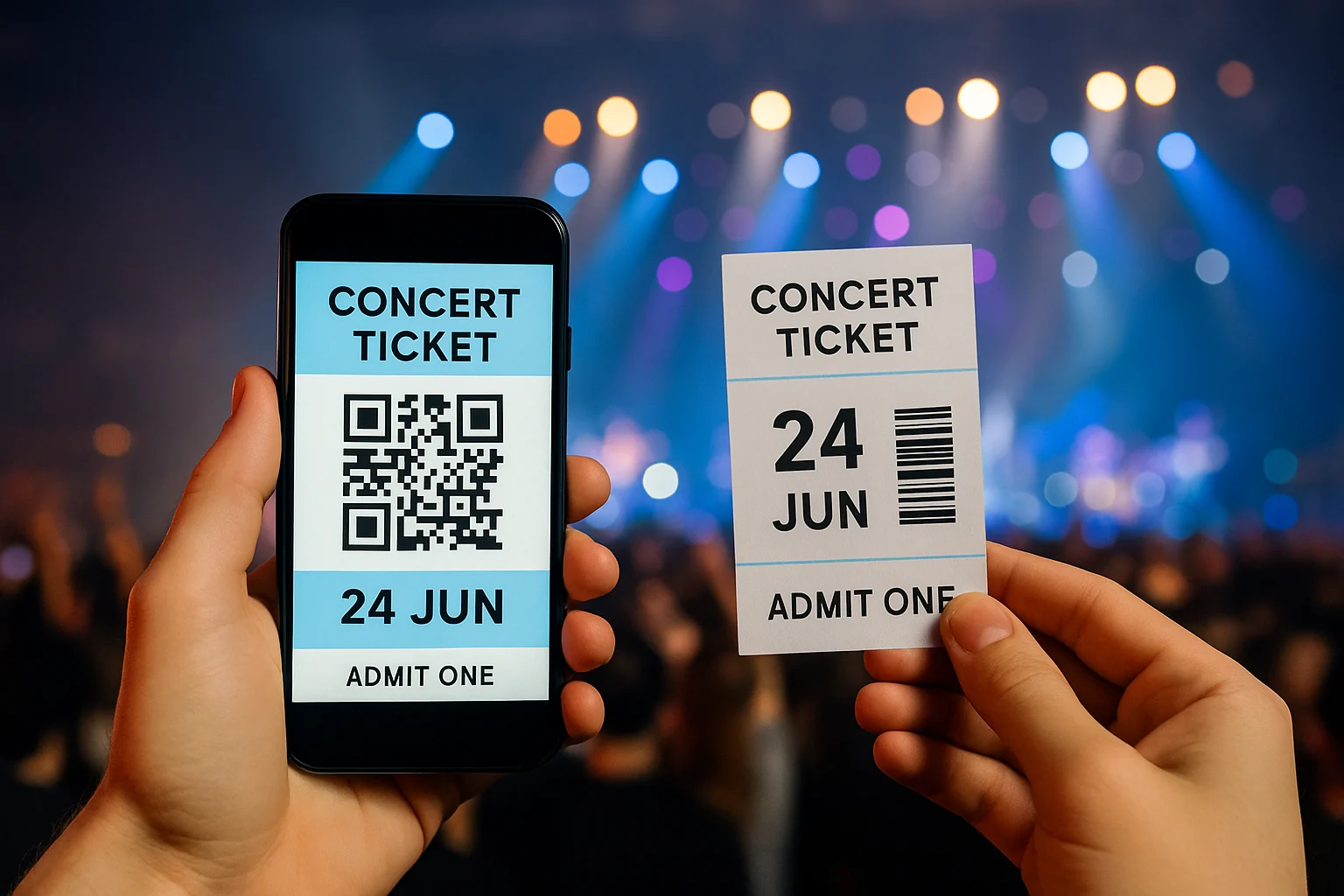 A person holding both digital and physical concert tickets to compare different concert ticket types