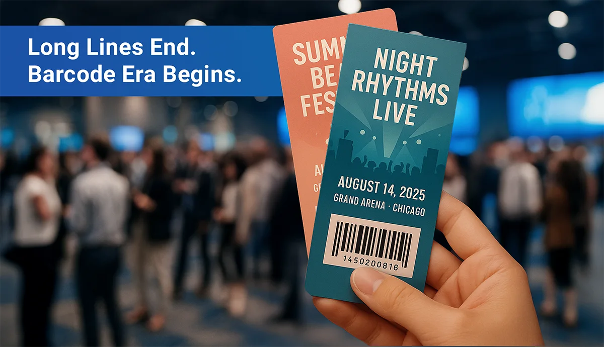 Create Event Tickets with Barcode: hand shows two colorful concert passes featuring a Code 128 barcode, crowd blurred behind