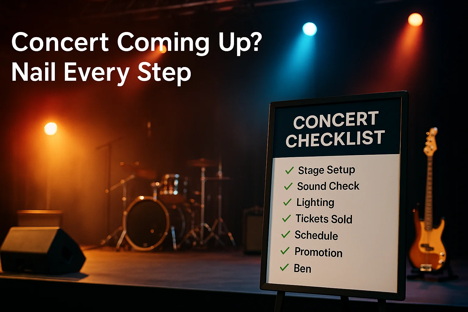 Concert stage setup with a checklist and colorful lighting, visually representing how to plan a concert step by step