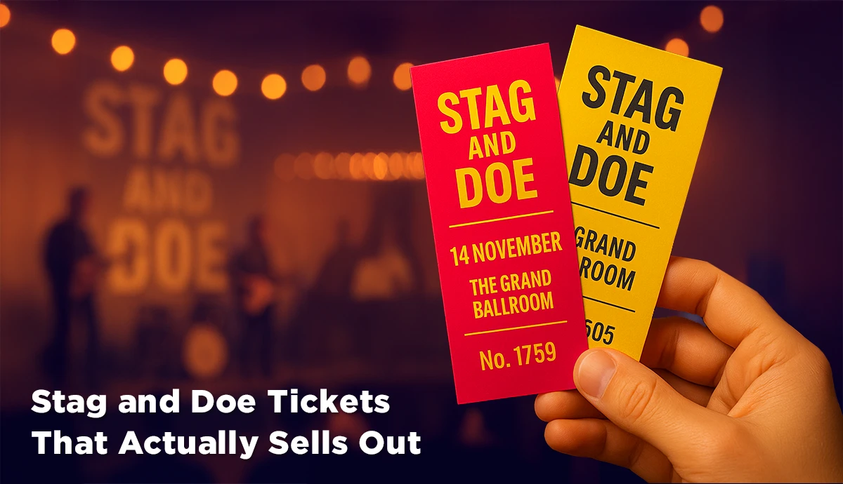 A hand holding vibrant red and yellow Stag and Doe tickets, with event details for "The Grand Ballroom" visible, set against a blurred background of a party venue