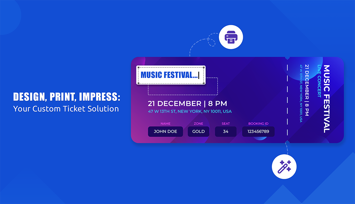 A digital template for "Printable Customizable Tickets" for a music festival, displayed on a blue background