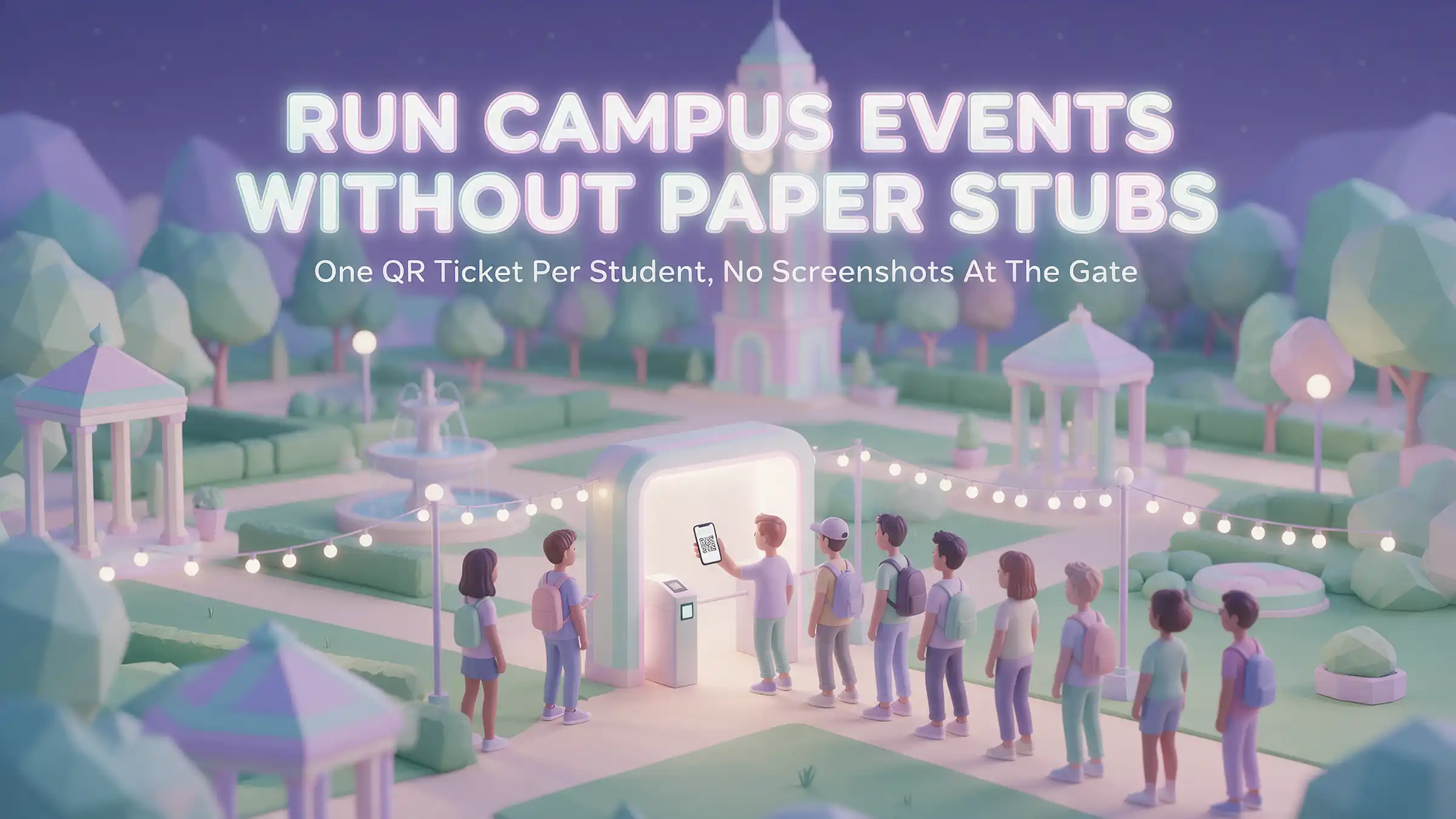 Isometric illustration of students entering a campus event at night through a glowing gate, one showing a QR code ticket on a phone, string lights and a clock tower behind them.