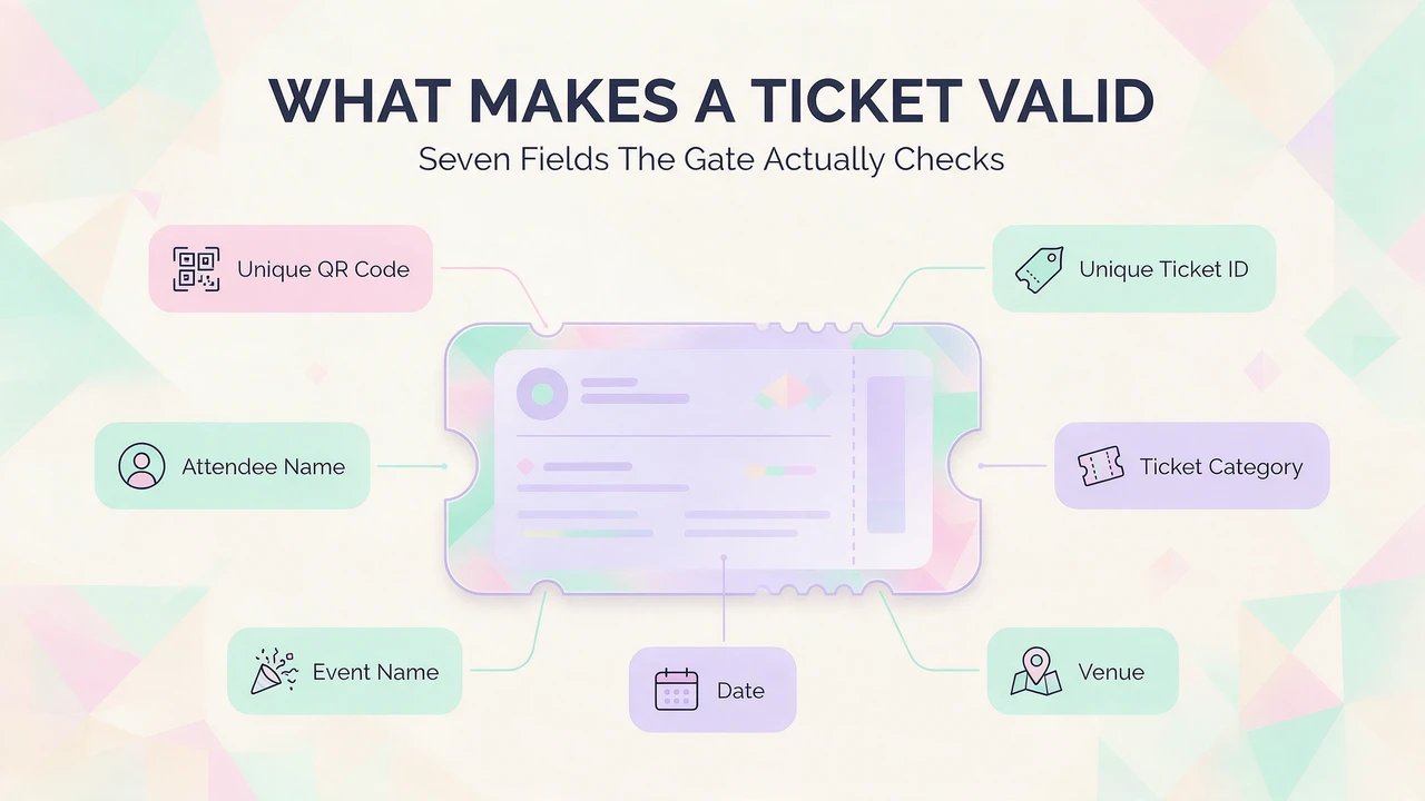 Infographic diagram of an event ticket with callout labels for its seven fields: unique QR code, unique ticket ID, attendee name, ticket category, event name, date and venue.