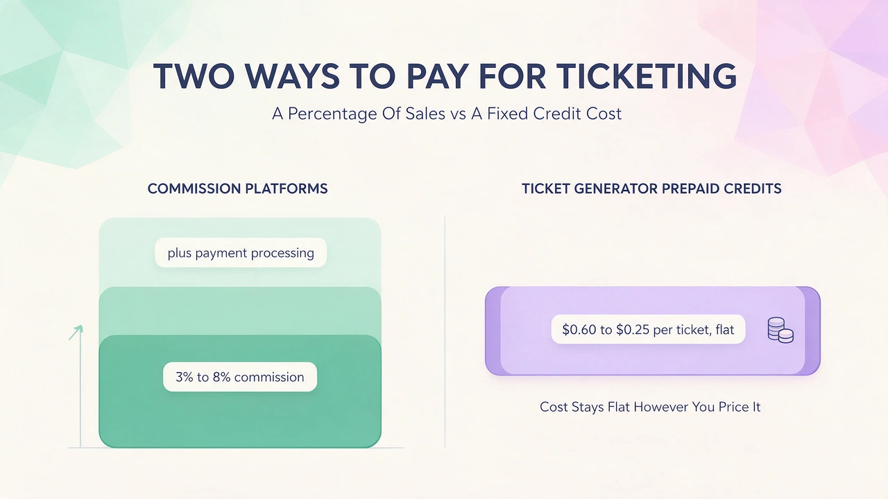 Comparison diagram of commission-based ticketing platforms charging 3 to 8 percent plus processing versus Ticket Generator flat prepaid credit cost of 0.60 to 0.25 dollars per ticket.