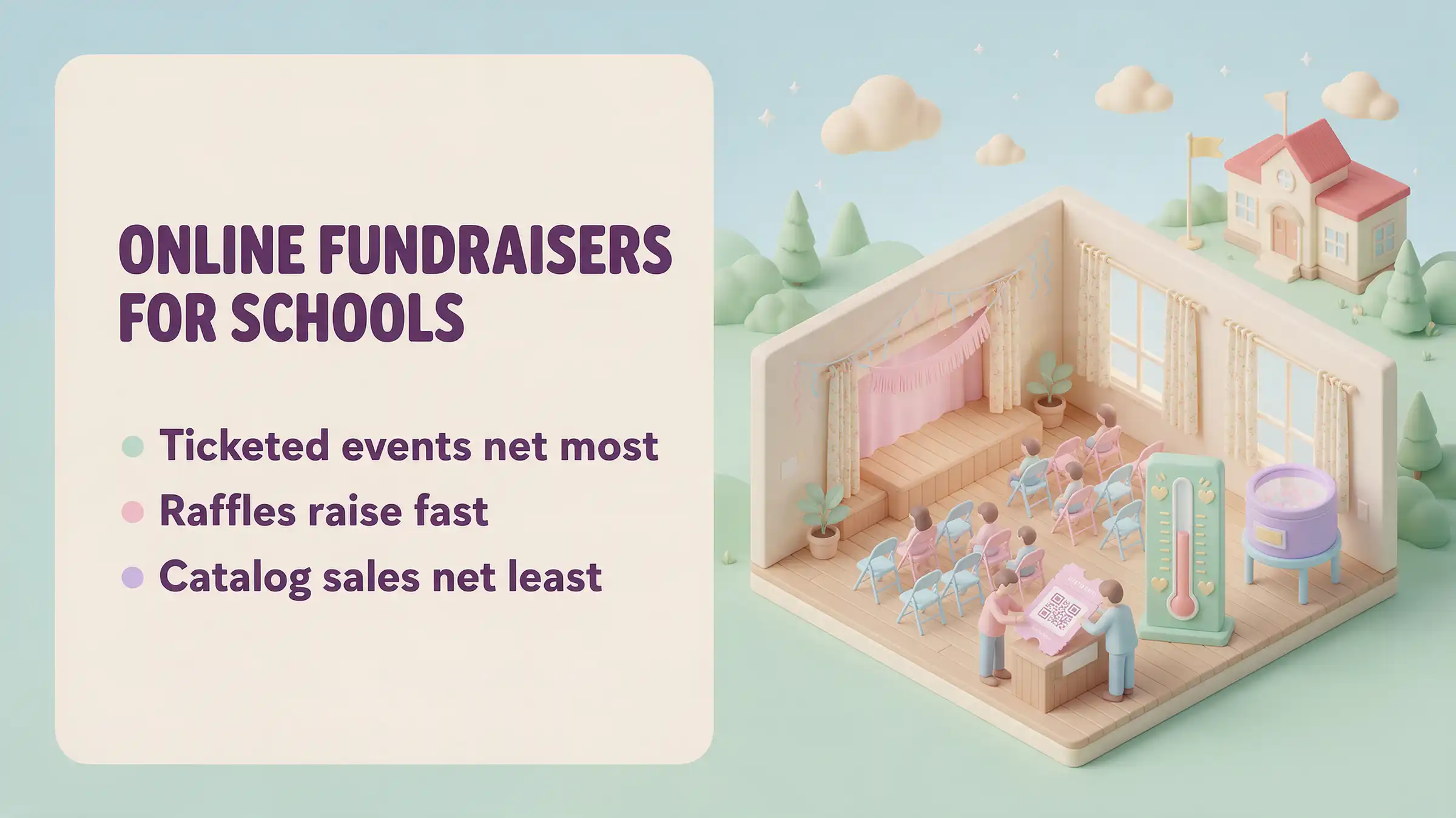 Isometric illustration of a school gym set up for a fundraiser night, families buying tickets at a table with a QR scan, a donation thermometer, and a raffle drum.