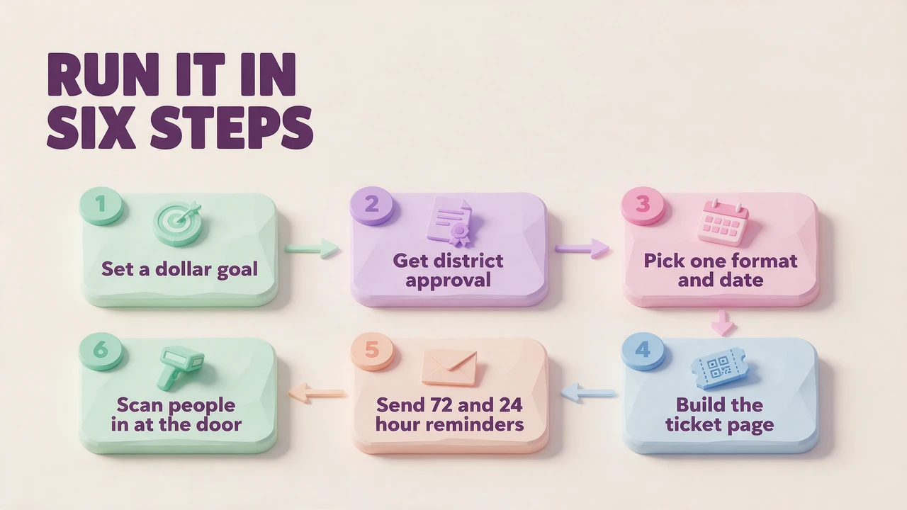 Six card numbered flowchart of the online school fundraiser setup sequence: set a goal, get district approval, pick a format, build the page, send reminders, and check people in with QR codes.