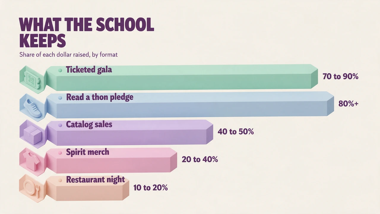 Bar chart ranking online school fundraisers by what the school typically keeps, from ticketed galas and read-a-thons at 70 to 90 percent down to restaurant nights at 10 to 20 percent.