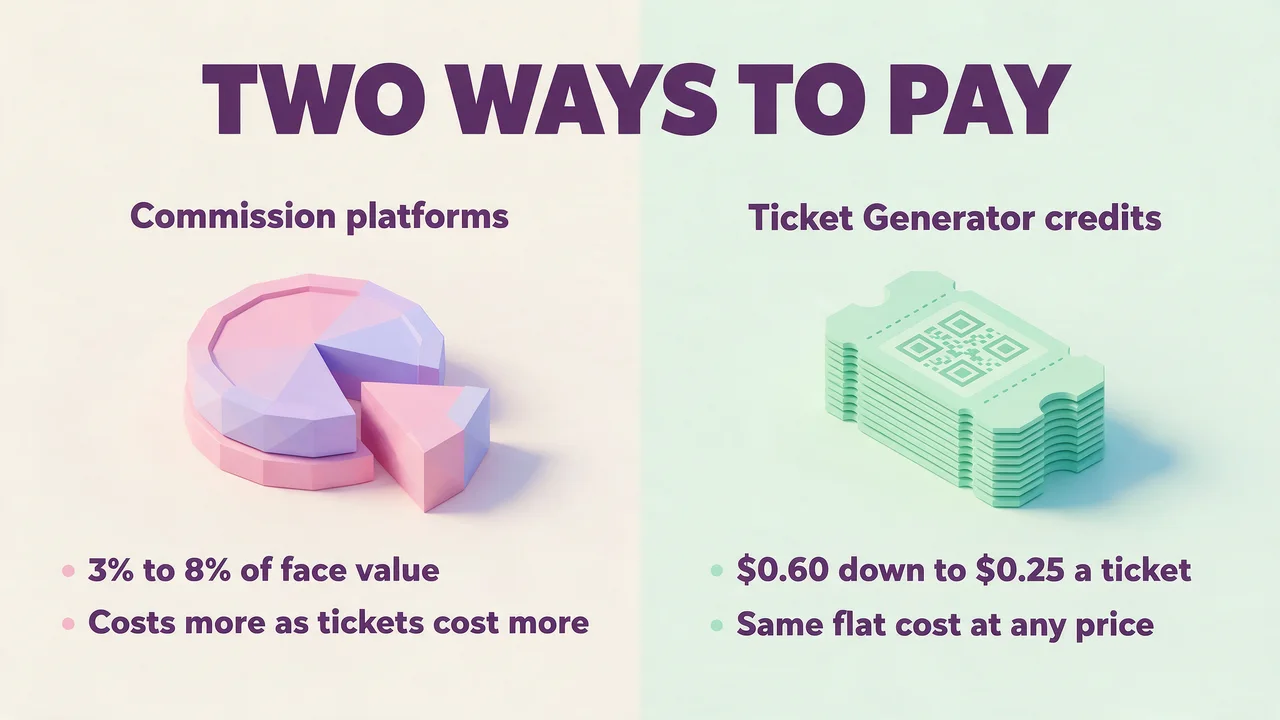 Two ways to pay comparison diagram: commission based platforms charging 3 to 8 percent of face value versus Ticket Generator flat credits from 0.60 down to 0.25 dollars per ticket.