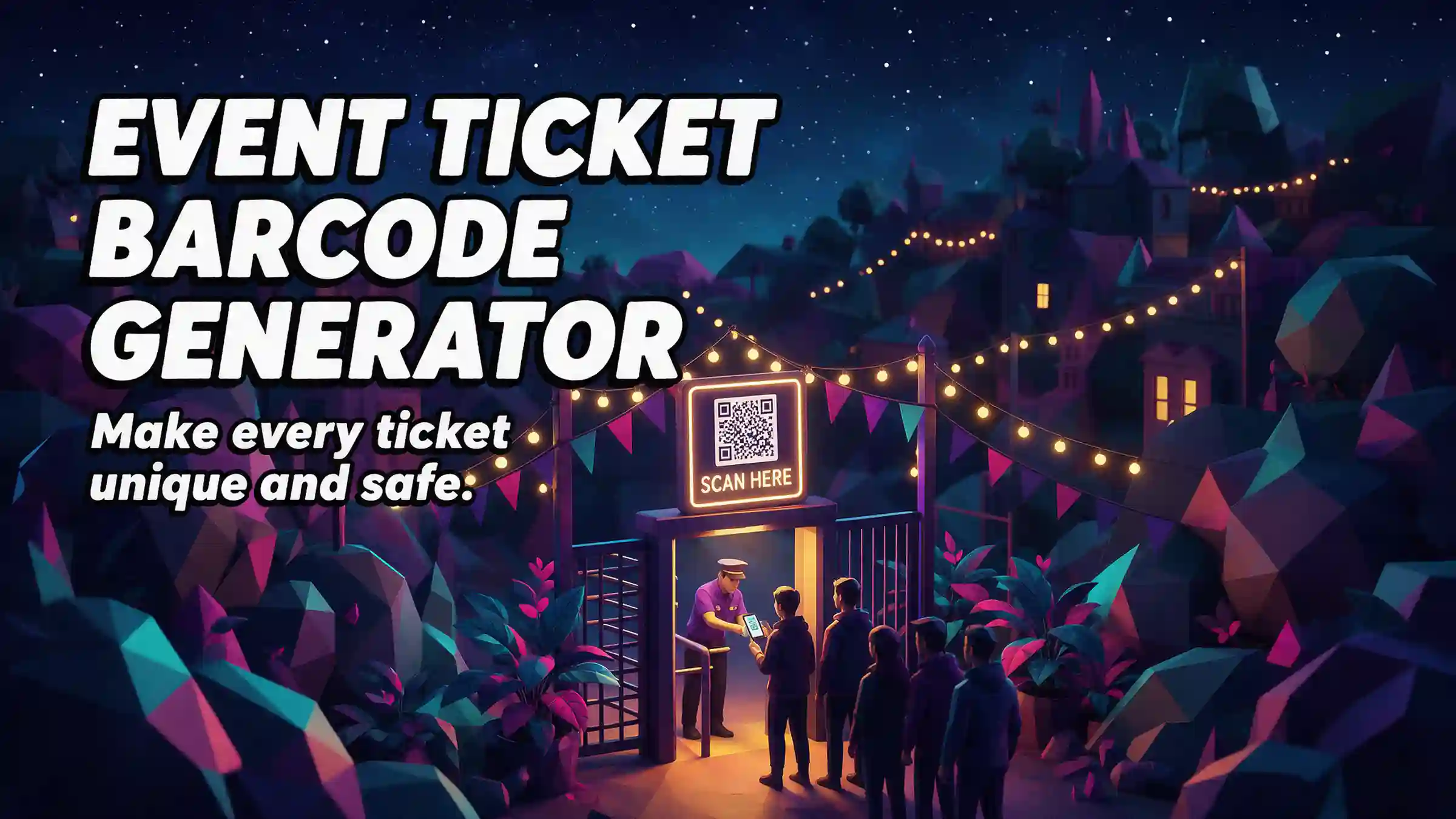 Illustration of a decorated event entrance at night with a glowing "Scan here" QR-code sign over the turnstile, where a staff member scans an attendee's phone, beside the words "Event ticket barcode generator".