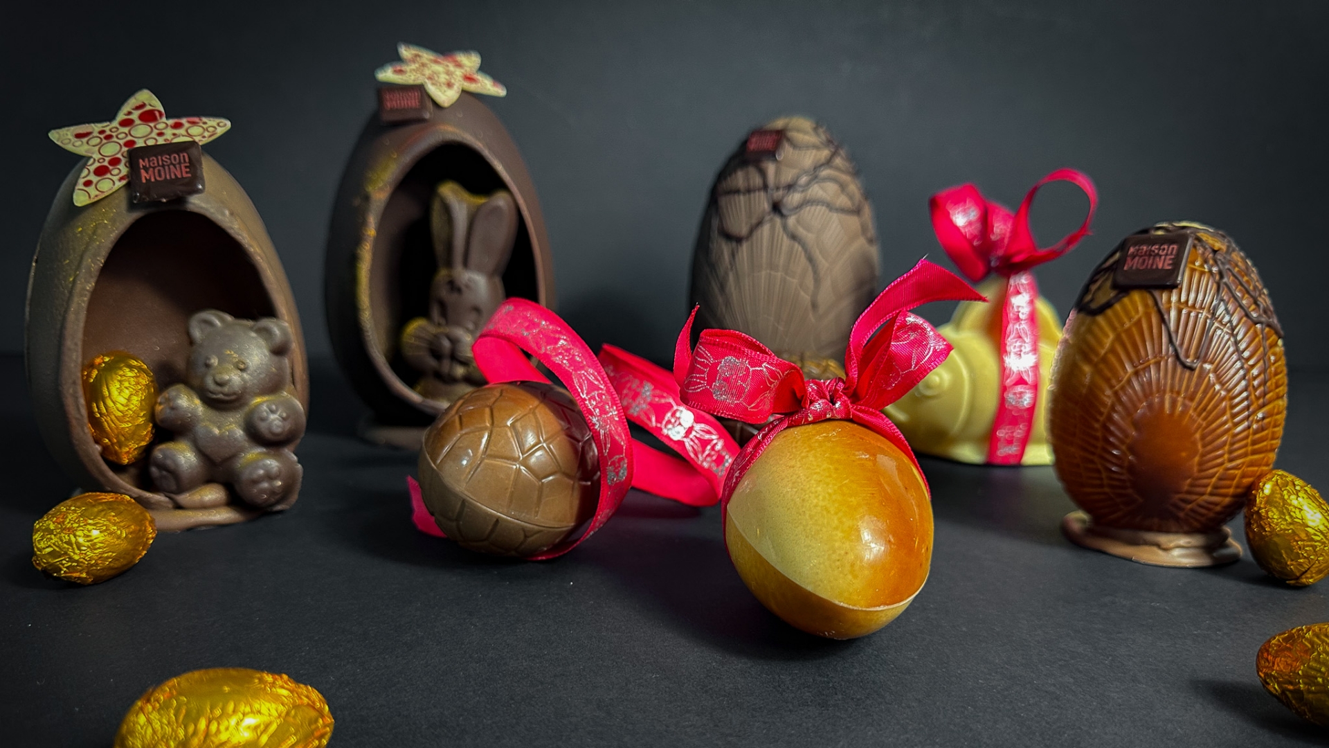 Découvrez nos chocolats de Pâques "fait maison" à Lyon signés de la chocolaterie lyonnaise Maison Moine : lapin en chocolat, poule, oeuf, poisson...