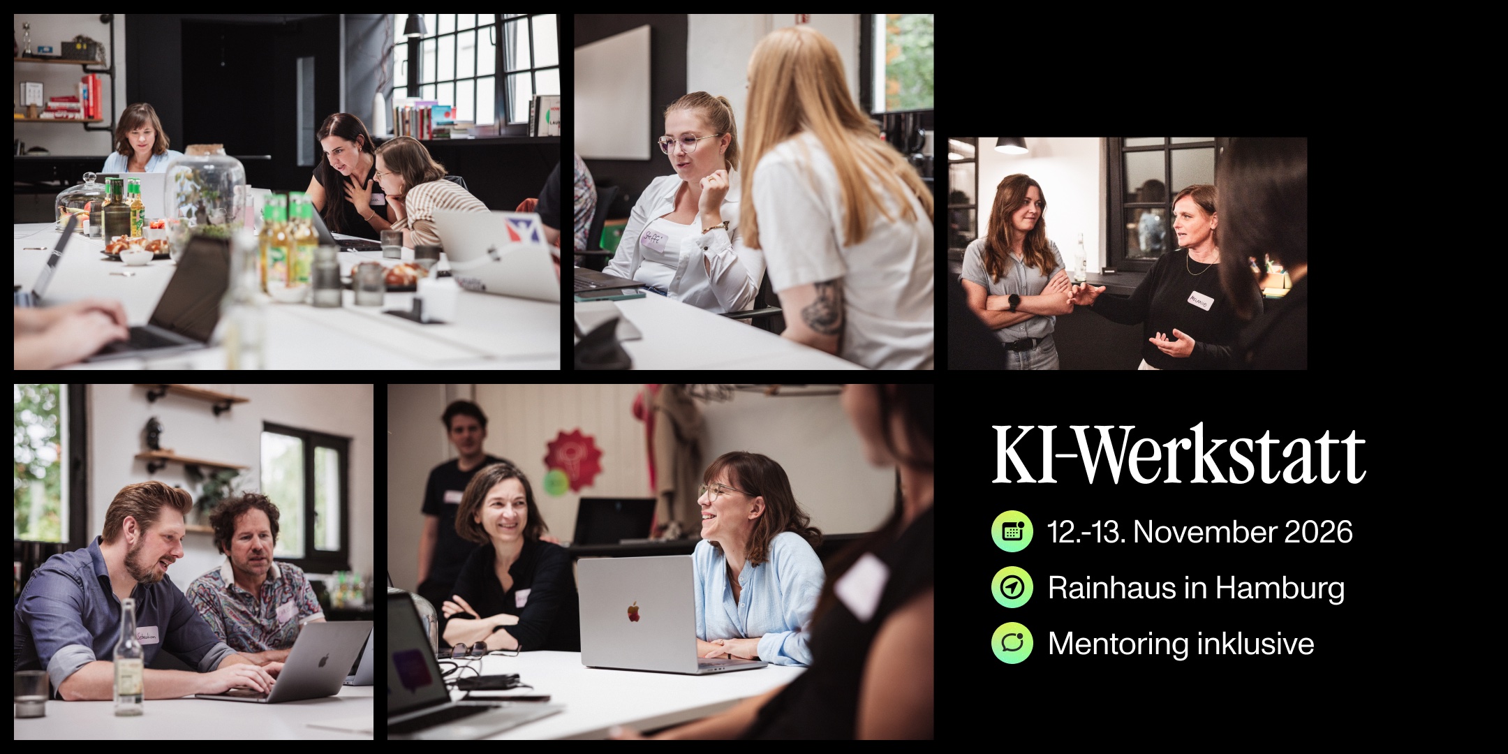 KI-Werkstatt am 12. und 13. November 2026 im Rainhaus in Hamburg, Mentoring inklusive: Collage mit Teams, die an Laptops arbeiten und sich austauschen
