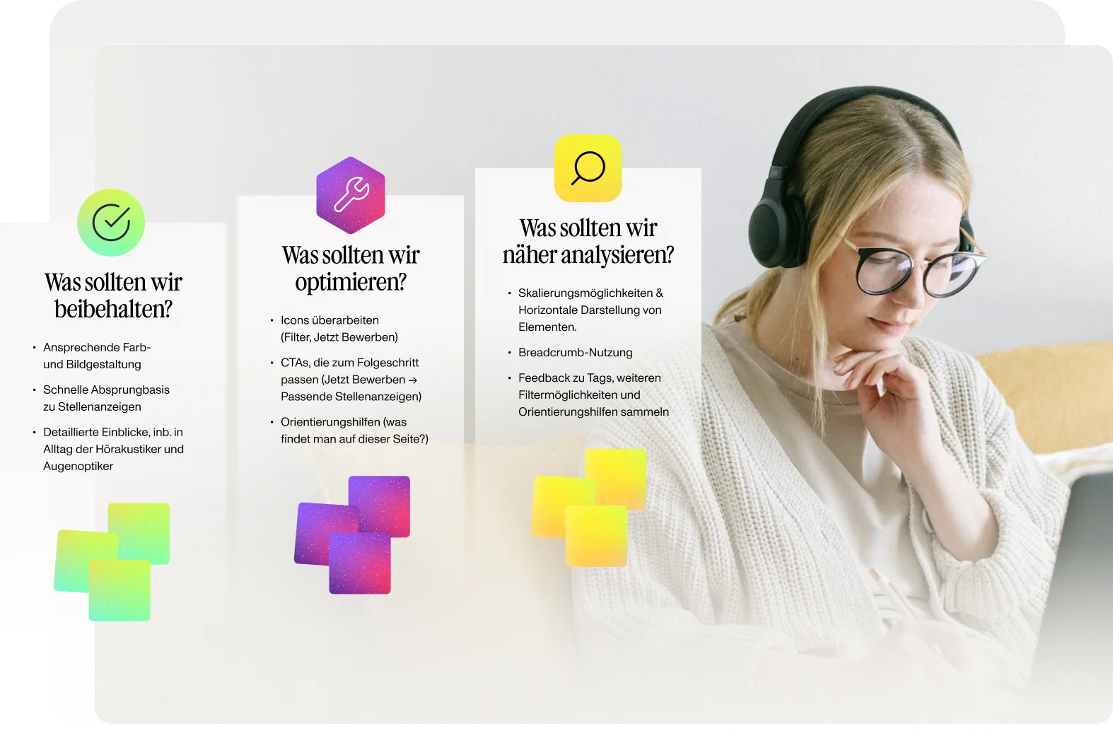 Fielmann Karriere-Website: Befunde aus dem UX Research, sortiert nach beibehalten, optimieren und analysieren