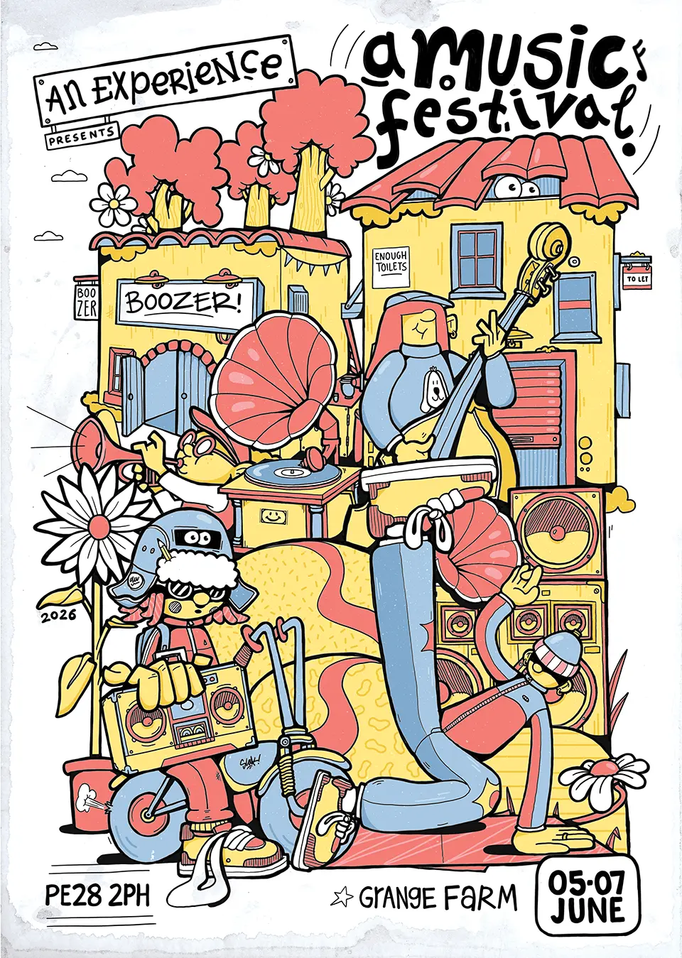 Illustrated An Experience Festival 2026 poster showing music, dancing, soundsystems and festival characters at Grange Farm, 5 to 7 June.