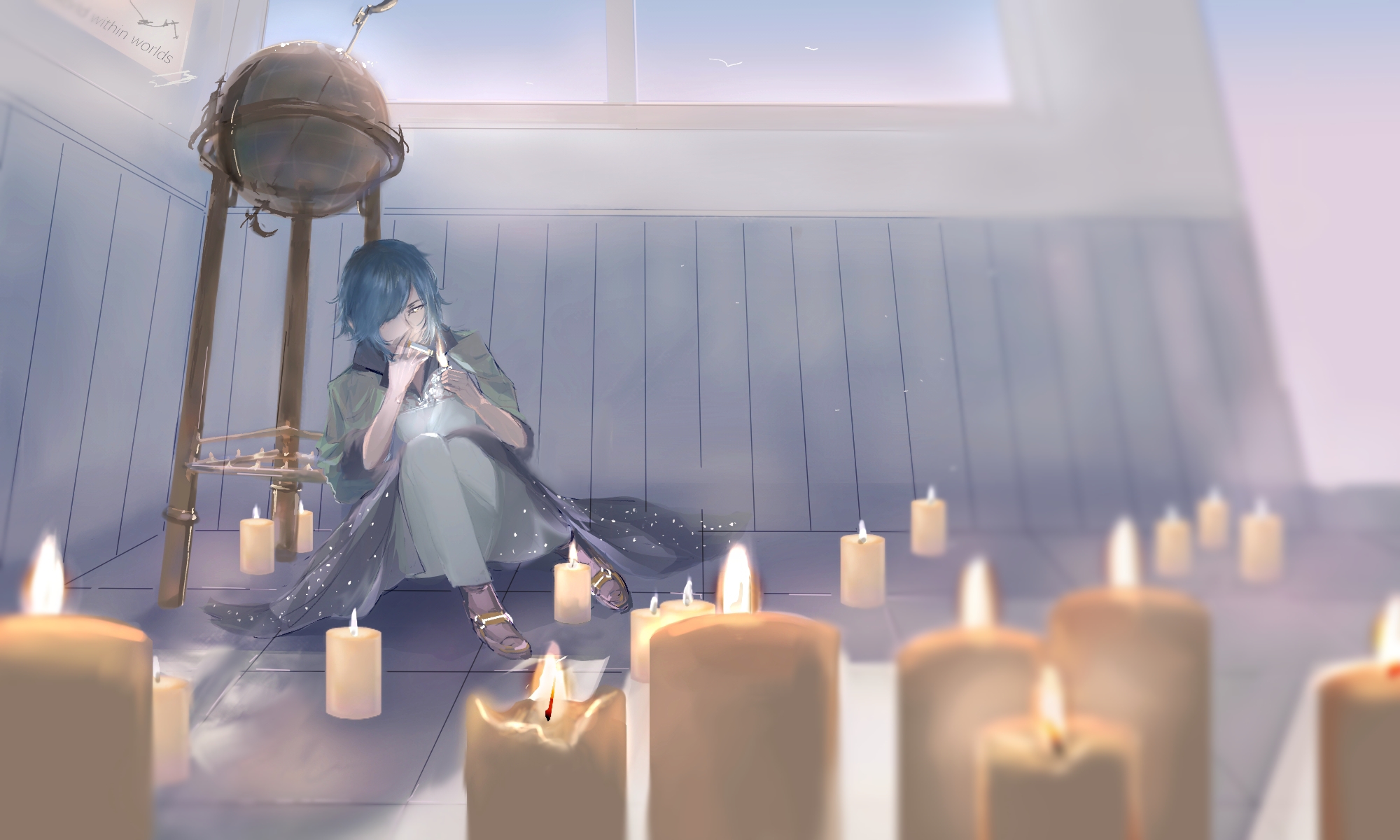 A person with short blue hair, wearing elegant shoes and starry flowy jacket, sits on a tiled floor of an abandoned room. The room is lit by a gentle pink-blue gradient light from a sunset, as seen from the open windows and door. The person is surrounded by lit candles, similar to the lighter they have lit up in their hands. They are leaning beside an antique world globe. On a nearby wall, there is a poster with the words, 'world within worlds'.