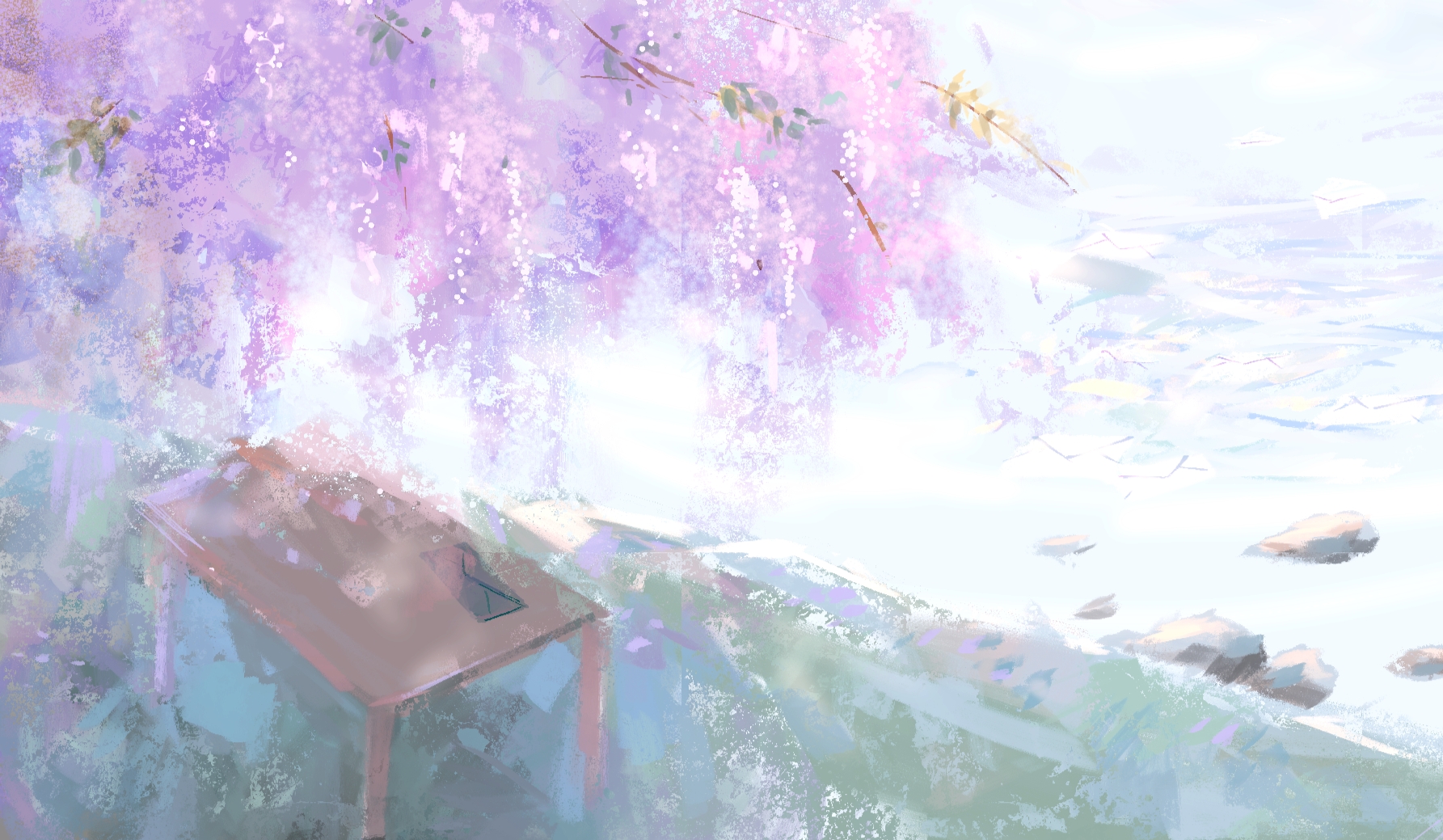 a wisteria tree towering over a wooden table, on a hillside by the river. On the table, there is a letter envelope and some light filtering through the blossoms and leaves of the wisteria.