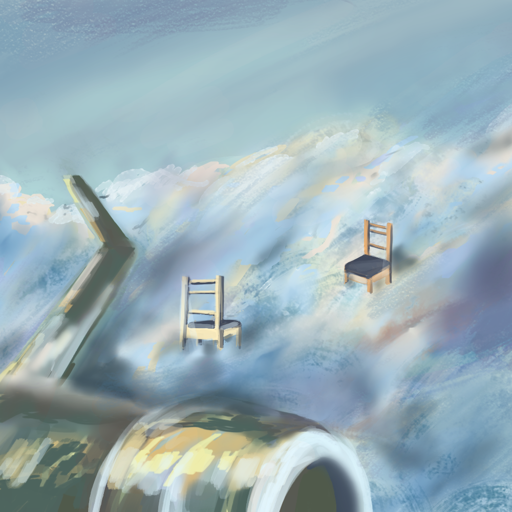 An illustration of a sky, with chairs sitting among a cloud and the tail and engine of a plane. The plane is a gold/bronze colour, with the cloud coloured with the first light of day.