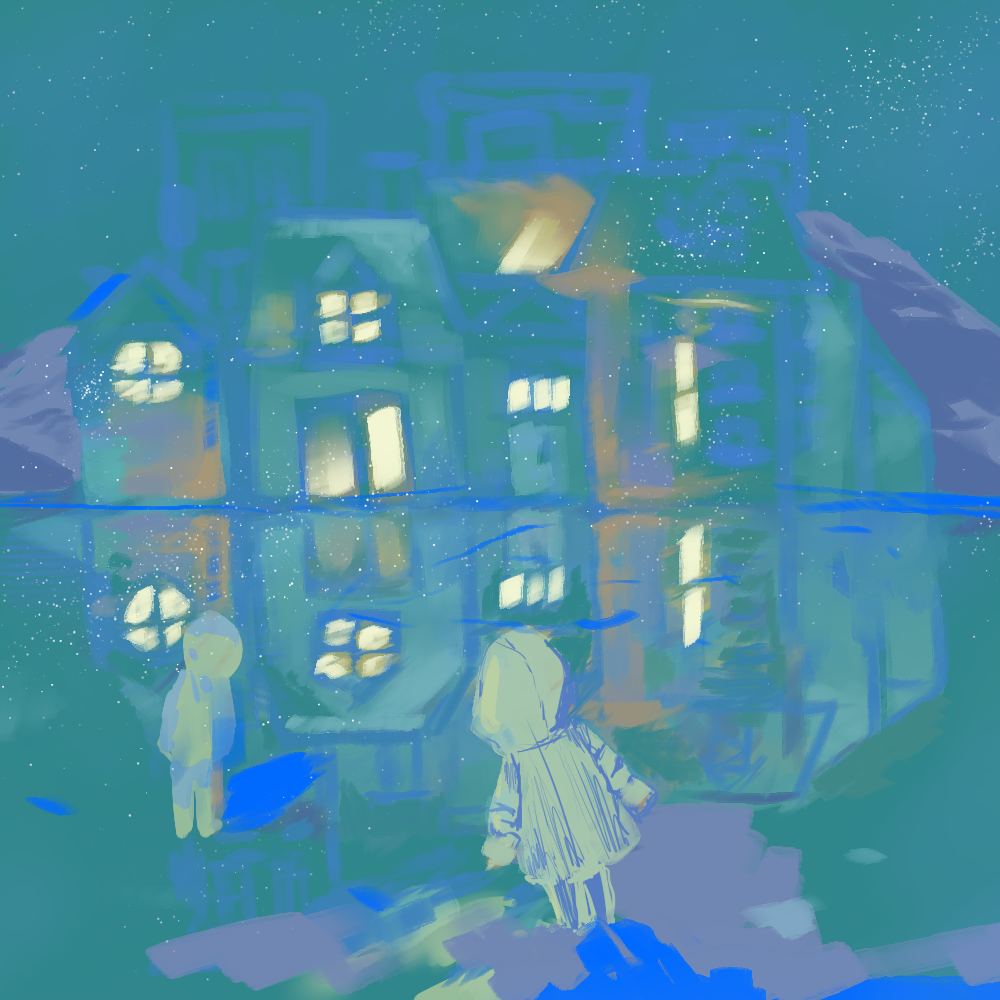 A cool-toned, mostly teal-coloured, illustration of two people who appear like small children. They are looking into the distance of a town that have warmly lit windows, and is mirrored on an icy ground. The surroundings look a bit like a winter in an icy mountainous region in Europe or Antarctica.