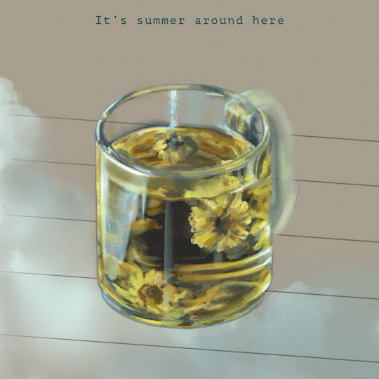 A semi-realistic illustration of a glass of chamomile tea. The chamomile flowers are reflected in the edges and handle of the glass cup it is in. The glass of tea is on a table with some clouds reflected on it. Poetry lines are on the top of the image, "It's summer around here/ but my heart's in winter."