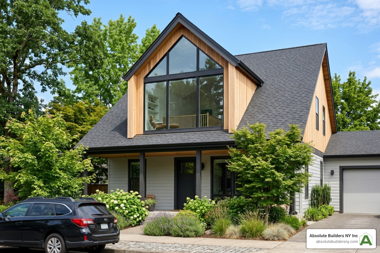 Modern gable dormer with large glass panes and minimalist trim Modern gable dormer with large glass panes and minimalist trim