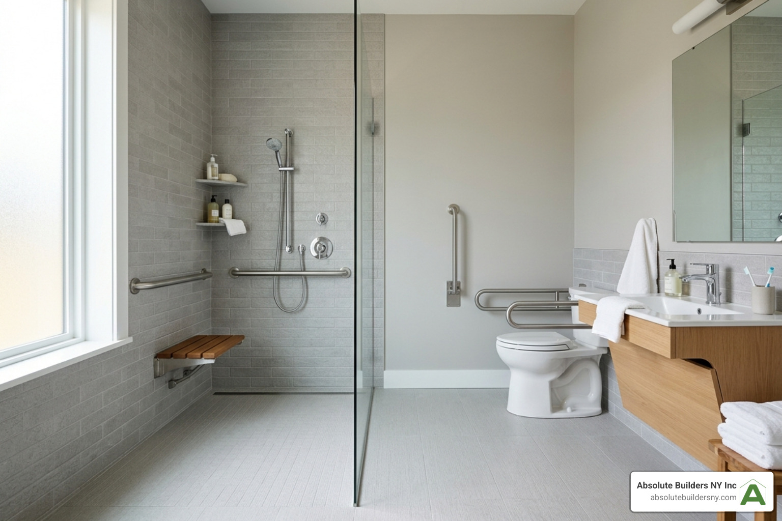 An ADA-compliant bathroom featuring a curbless shower, grab bars, and a comfort-height toilet An ADA-compliant bathroom featuring a curbless shower, grab bars, and a comfort-height toilet