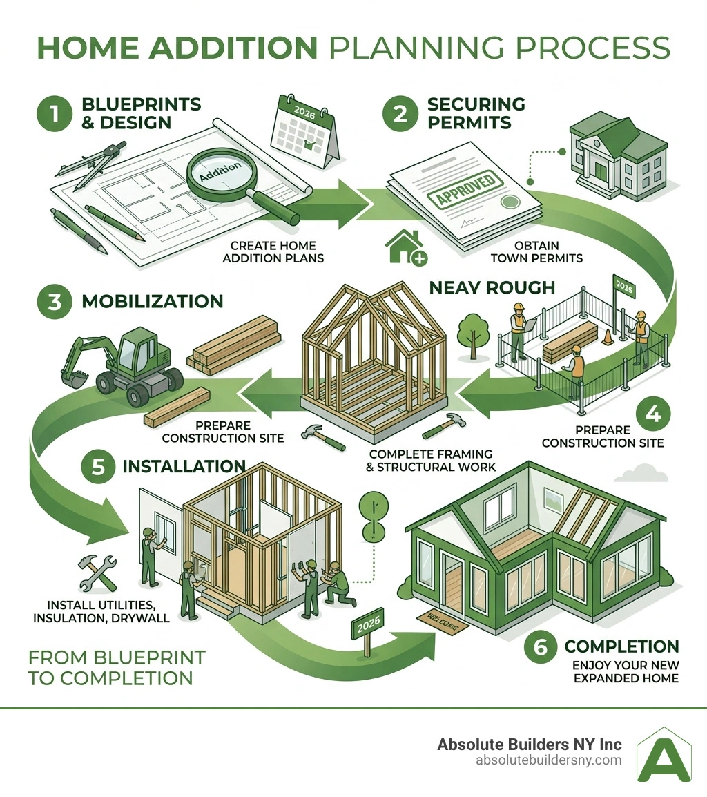 infographic showing home addition planning process from blueprint to permit to construction to completion infographic