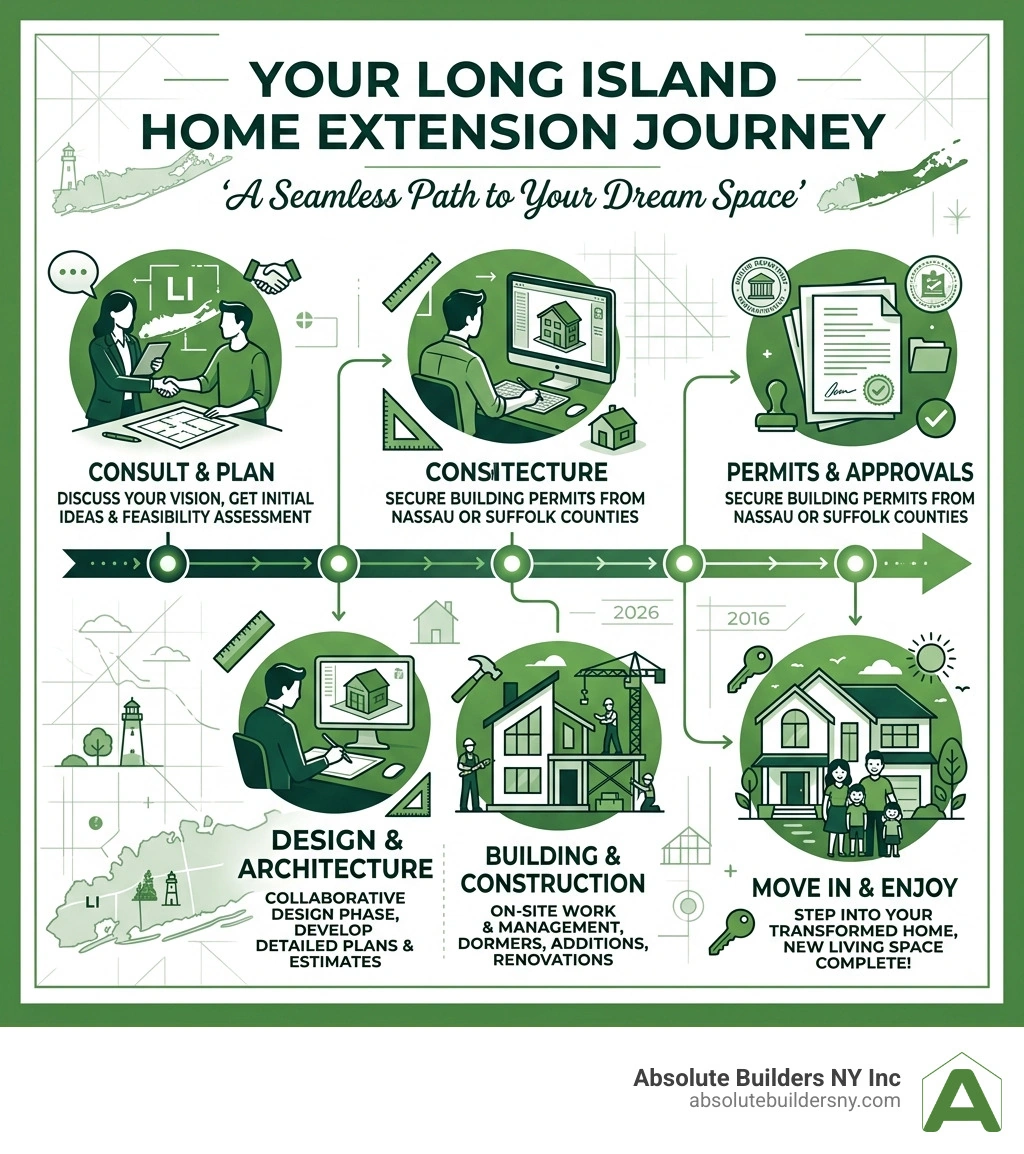 Infographic showing Long Island home extension journey: consult, design, permit, build, move in infographic
