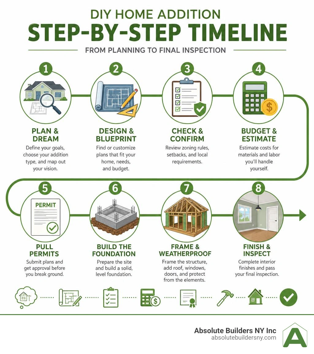 Step-by-step timeline infographic for a DIY home addition project from planning to final inspection infographic Step-by-step timeline infographic for a DIY home addition project from planning to final inspection infographic