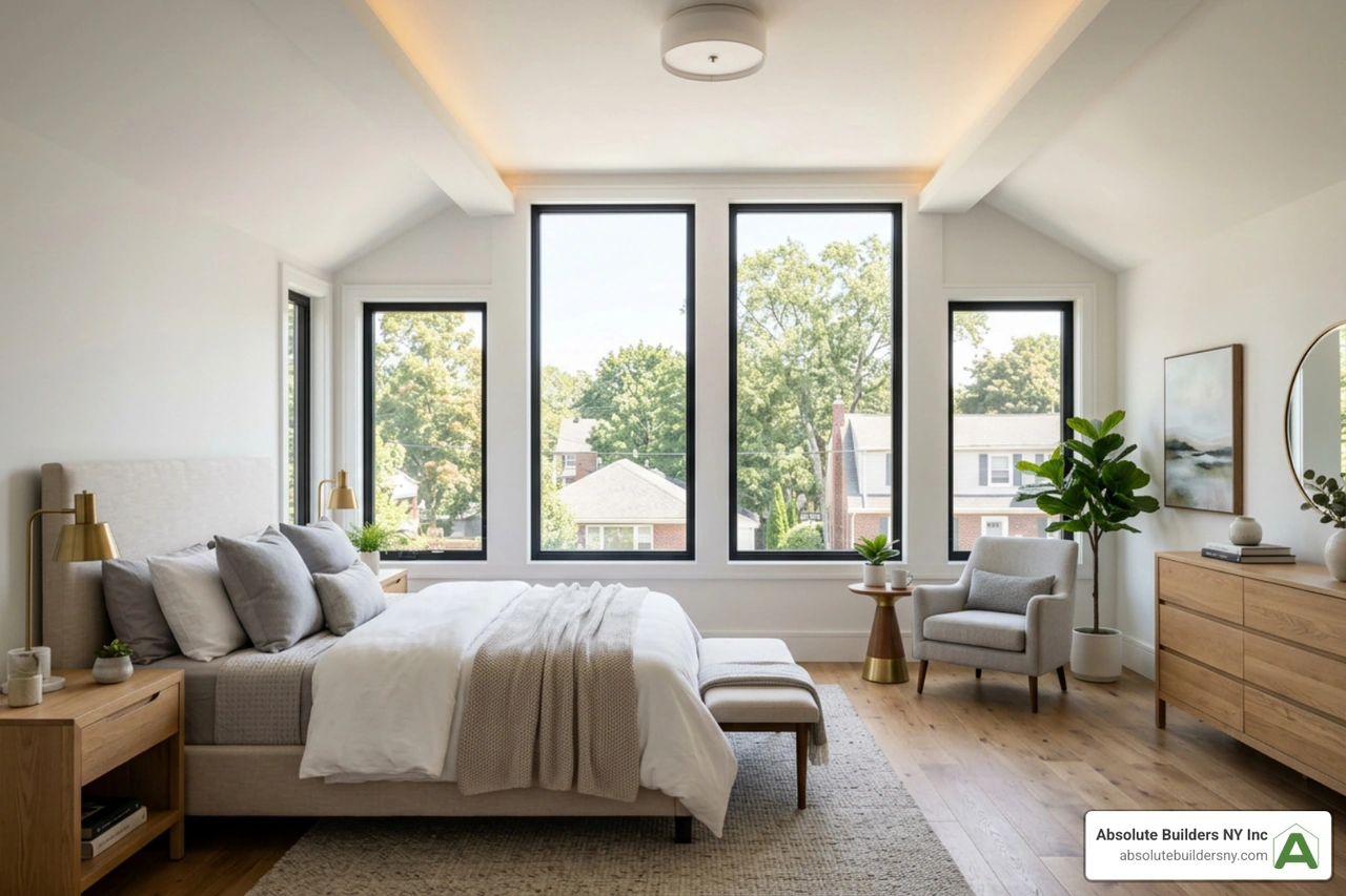 A bright master bedroom inside a completed rear dormer addition with large windows