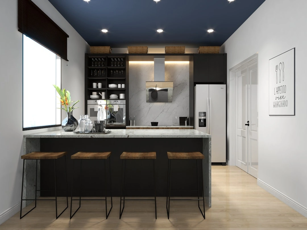 A detailed 3D rendering of a modern custom kitchen design
