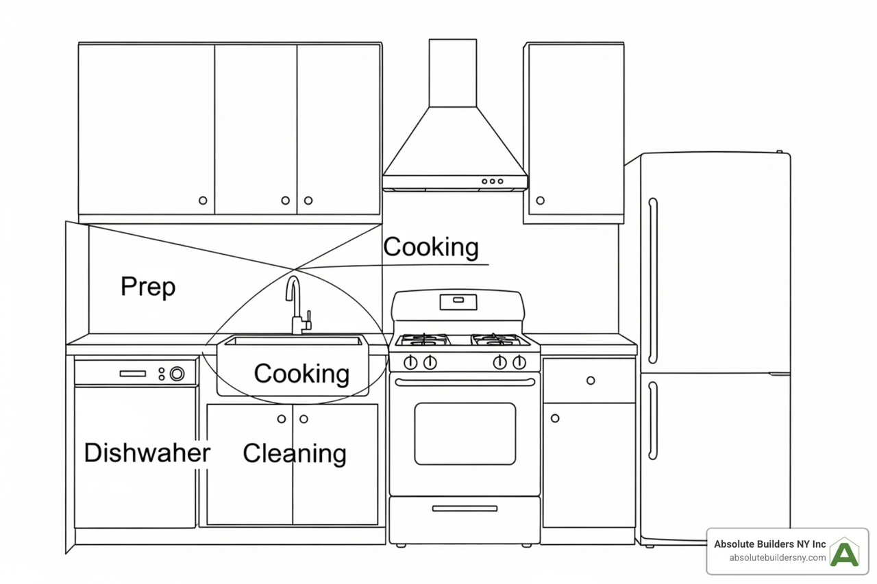 Sketch of a kitchen layout showing the work triangle and appliance zones