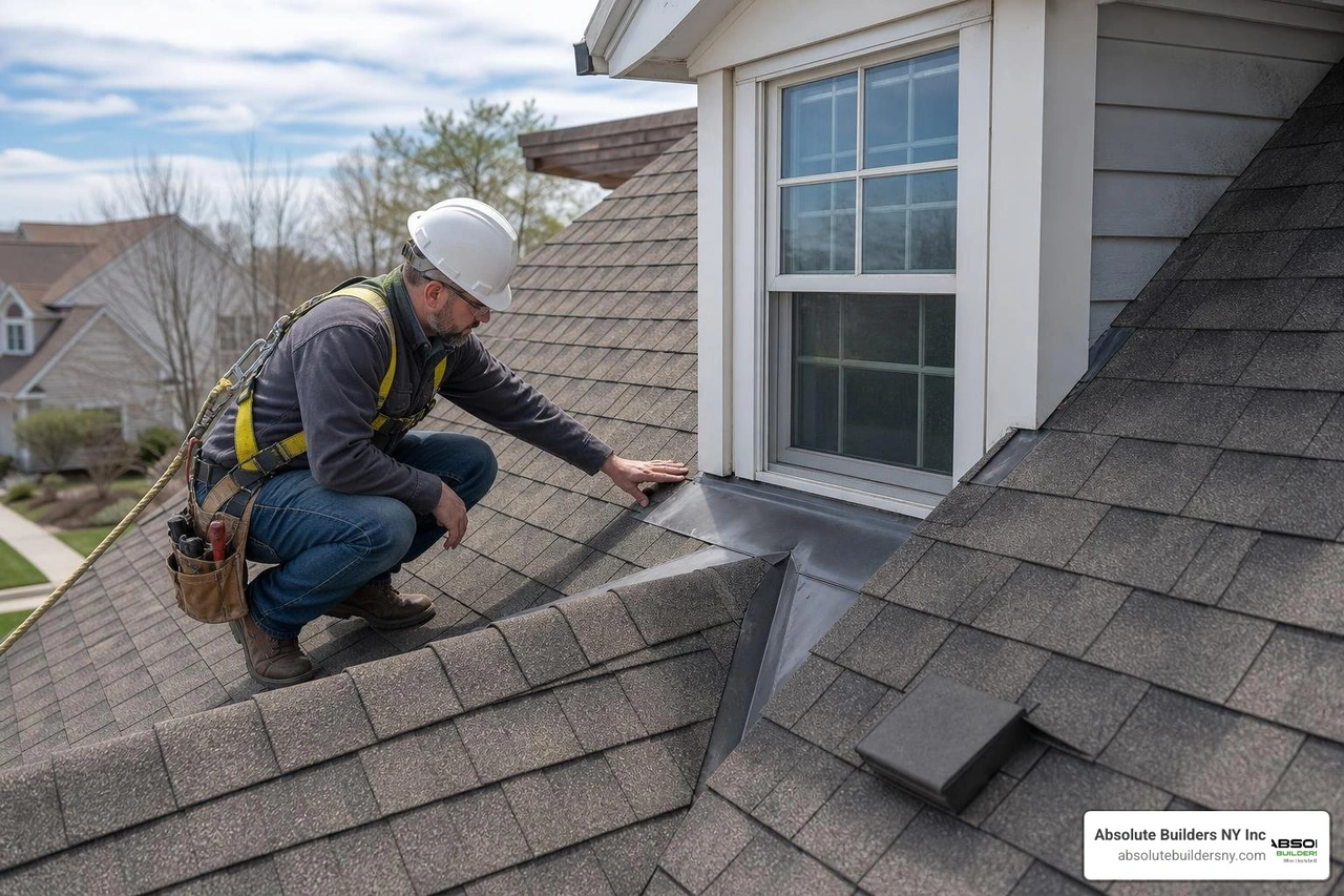 A professional contractor inspecting dormer flashing and valleys to prevent roof leaks A professional contractor inspecting dormer flashing and valleys to prevent roof leaks