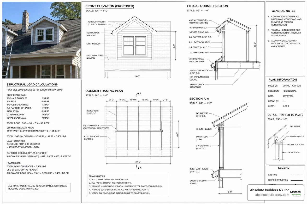 Architectural plans for a custom dormer addition showing structural load calculations Architectural plans for a custom dormer addition showing structural load calculations