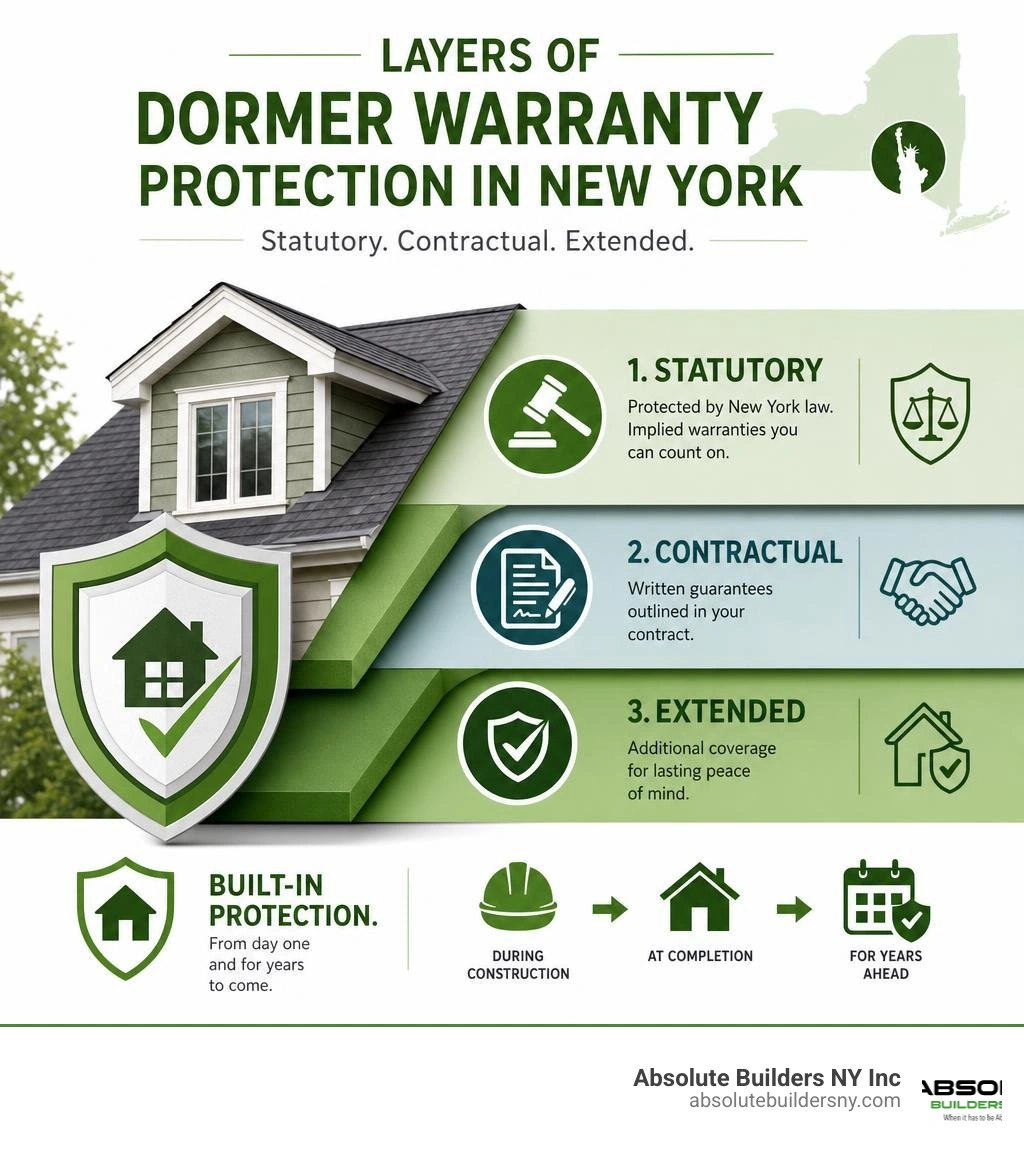 Layers of dormer warranty protection in New York: statutory, contractual, and extended warranties infographic Layers of dormer warranty protection in New York: statutory, contractual, and extended warranties infographic