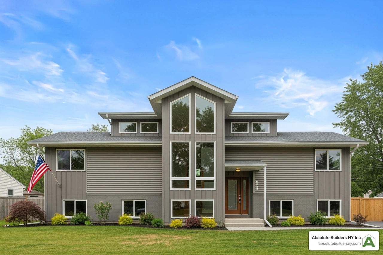 Modern ranch with a central shed dormer adding height and light