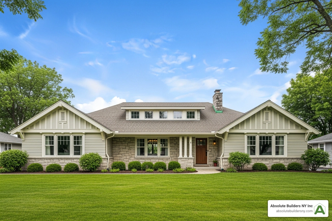 Craftsman ranch featuring decorative gabled dormers and stone accents