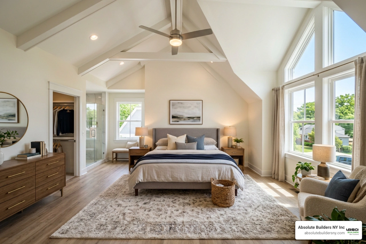 A spacious master suite inside a newly built rear dormer with vaulted ceilings and abundant natural light A spacious master suite inside a newly built rear dormer with vaulted ceilings and abundant natural light