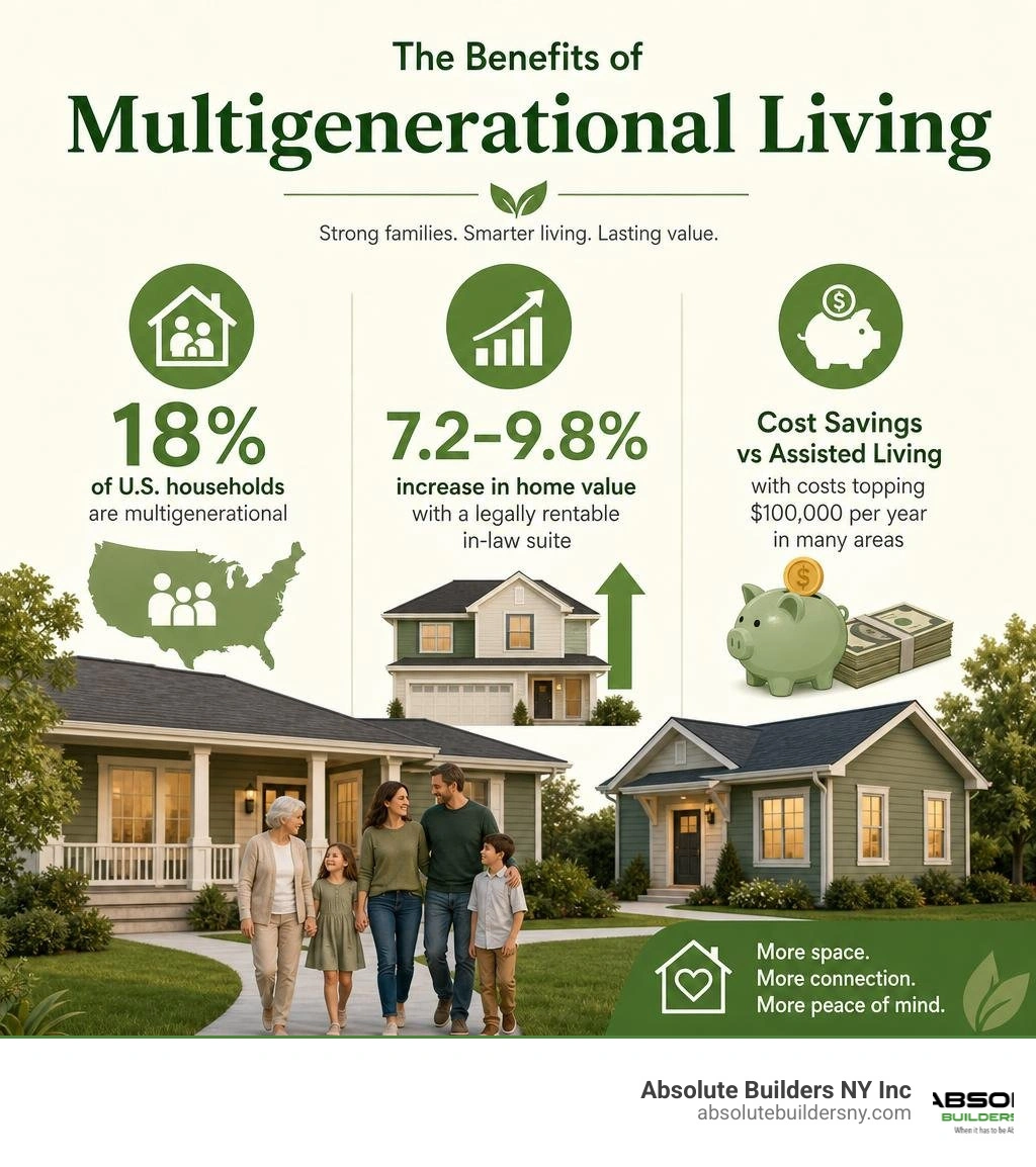 Infographic showing benefits of multigenerational living: 18% of US households, 7.2-9.8% home value increase, cost savings Infographic showing benefits of multigenerational living: 18% of US households, 7.2-9.8% home value increase, cost savings