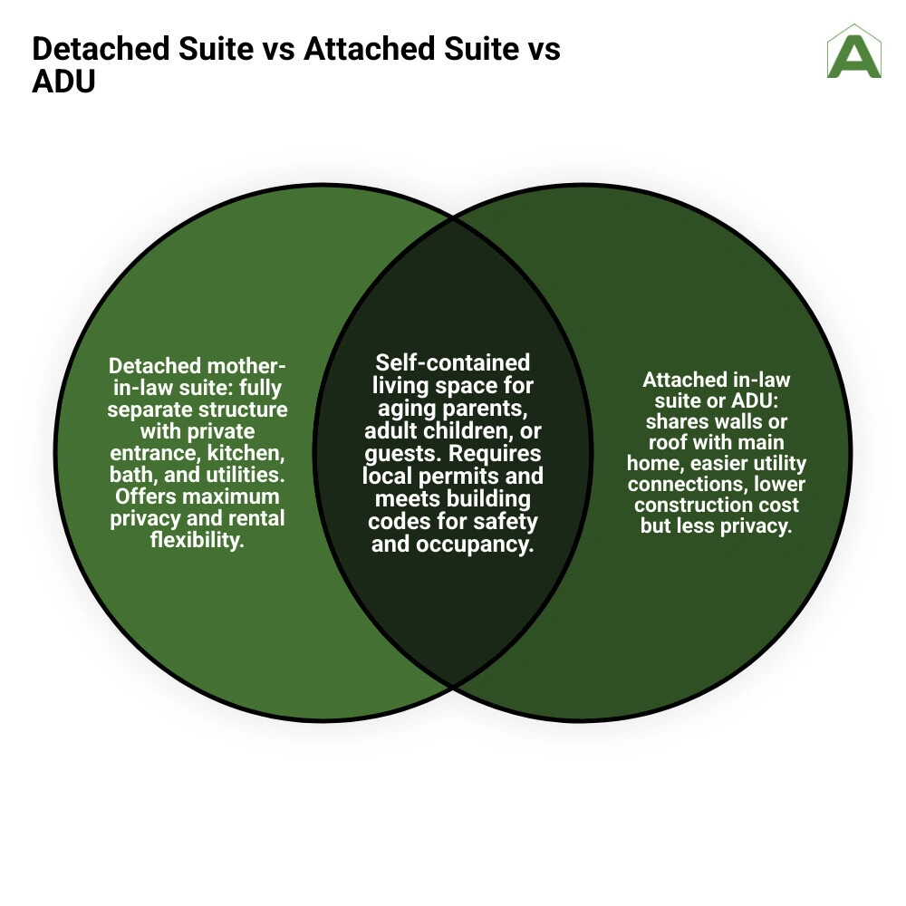 Infographic comparing detached mother-in-law suite vs attached in-law suite vs ADU infographic