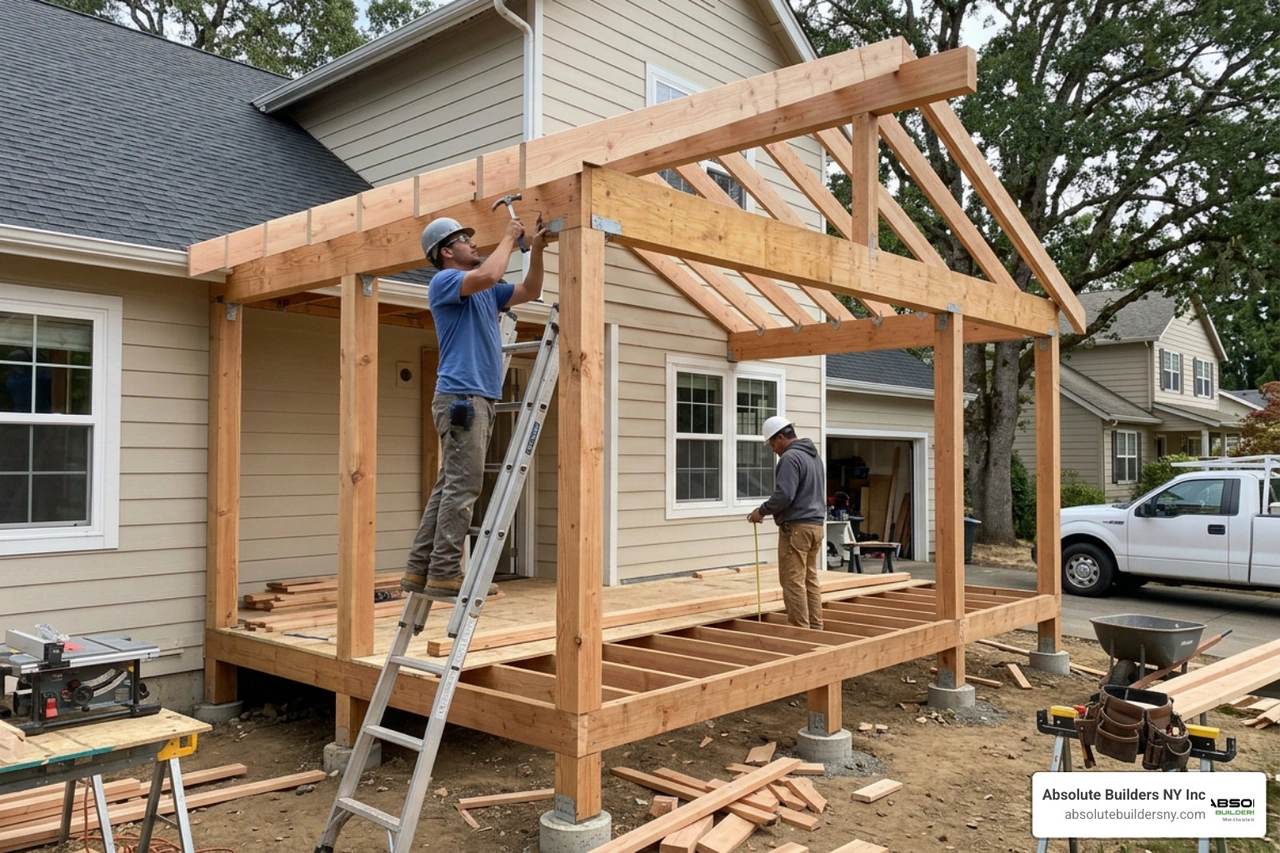 Construction process of a new front porch framing Construction process of a new front porch framing