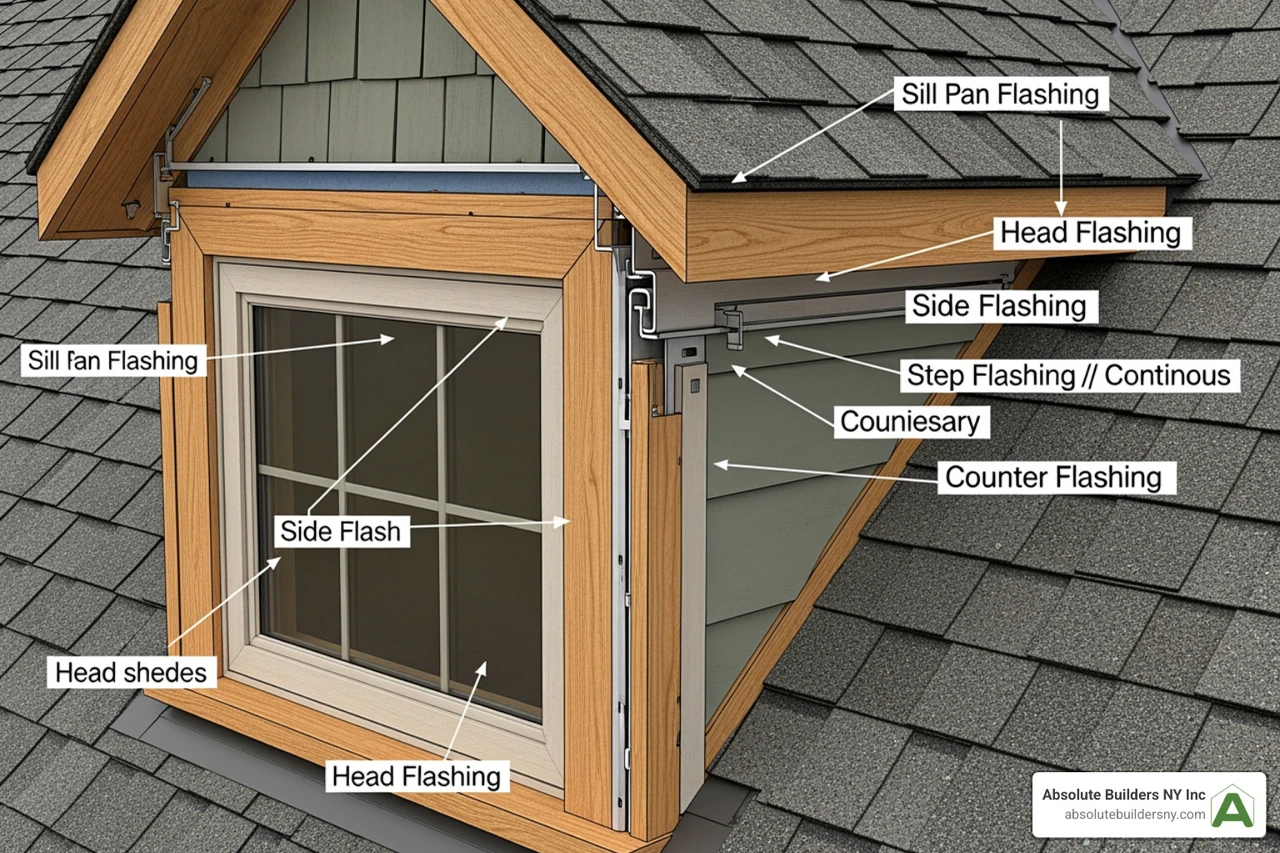 Detailed diagram of dormer flashing showing the intersection of window frame, siding, and roof shingles to prevent leaks Detailed diagram of dormer flashing showing the intersection of window frame, siding, and roof shingles to prevent leaks