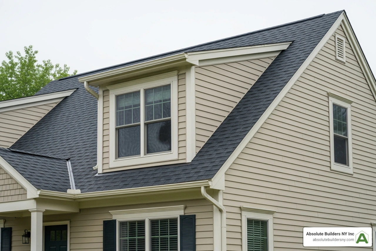 A perfectly proportioned side dormer that matches the home's existing roof pitch and window style A perfectly proportioned side dormer that matches the home's existing roof pitch and window style