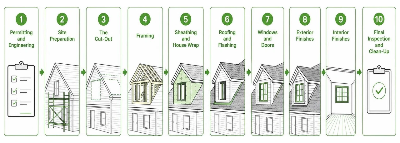 diagram showing the step-by-step dormer installation sequence diagram showing the step-by-step dormer installation sequence